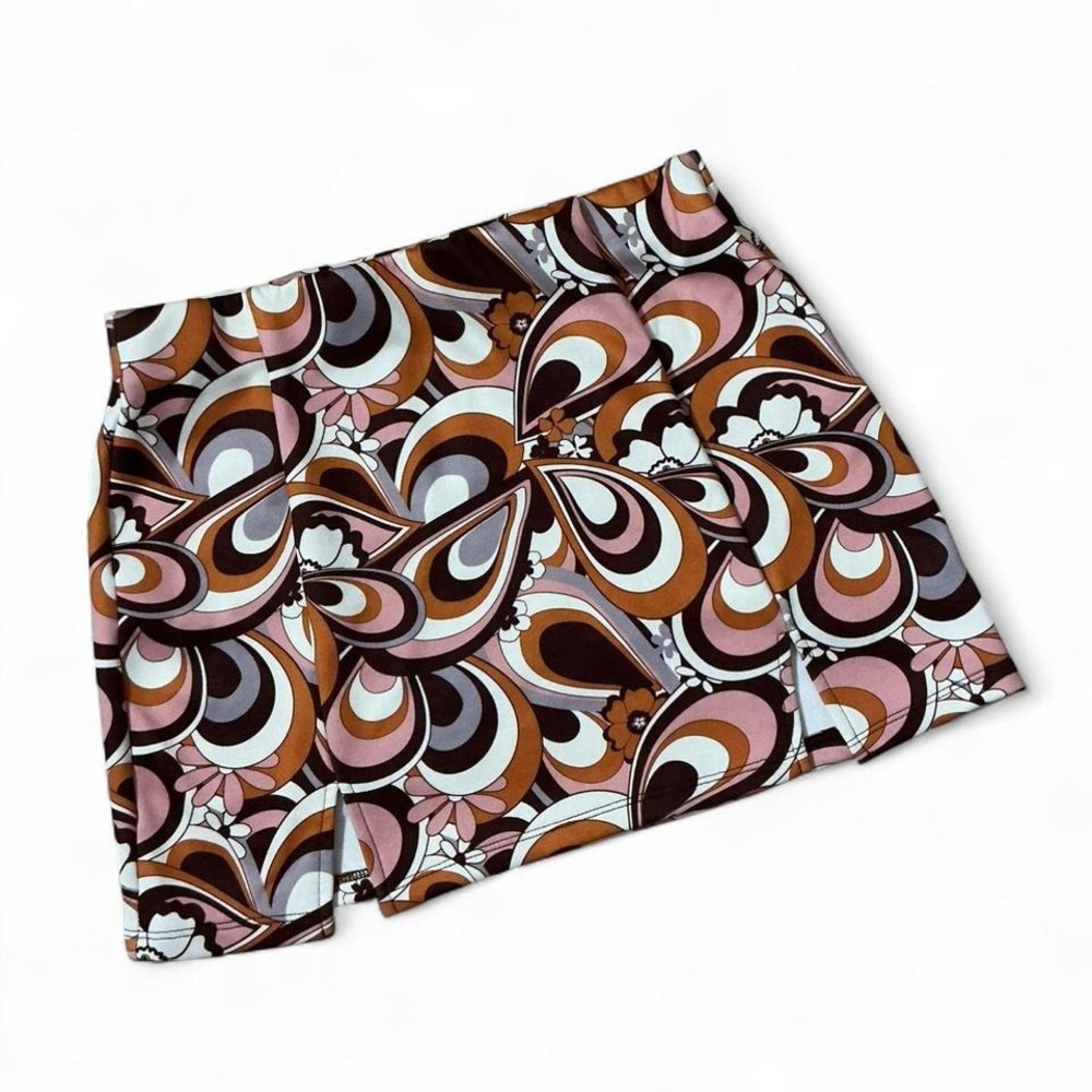 Bershka Retro Swirl Print Boho Mini Skirt Brown Pink White Women's Size S